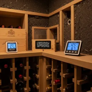 Cave à vin bien isolée avec matériaux adaptés, système de ventilation mural visible, thermomètre-hygromètre affichant humidité et température, bouteilles de vin sur étagères, lumière douce sans présence humaine.