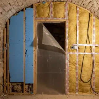 Cave à vin en cours d'isolation avec polystyrène extrudé et laine de verre, outils d'isolation au sol, quelques bouteilles sur des étagères en arrière-plan.