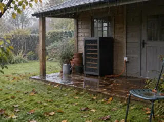 Une cave à vin sous l'auvent d'un abri de jardin sous la pluie, feuilles mortes, rallonge électrique
