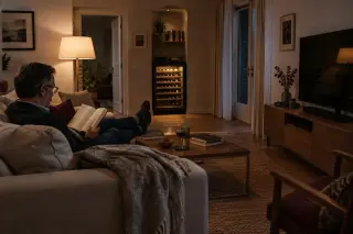 Un homme lit sur un canapé le soir, la télévision éteinte, une cave à vin dans une alcôve à l'autre bout du salon