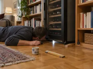 Un homme allongé au sol éclaire à la lampe le dessous d'une cave à vin coincée dans une niche trop étroite