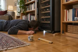 Un homme allongé au sol éclaire à la lampe le dessous d'une cave à vin coincée dans une niche trop étroite