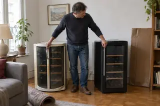 Un homme compare les poignées d'une ancienne cave à vin et de la nouvelle, de la même famille, côte à côte dans son salon