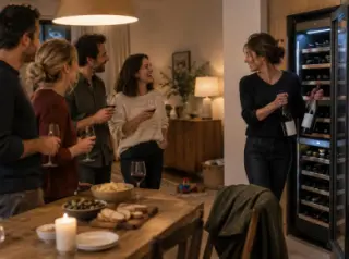 Apéritif entre amis debout dans une salle à manger, une grande cave à vin ouverte, quelqu'un en sort deux bouteilles