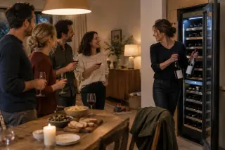 Apéritif entre amis debout dans une salle à manger, une grande cave à vin ouverte, quelqu'un en sort deux bouteilles