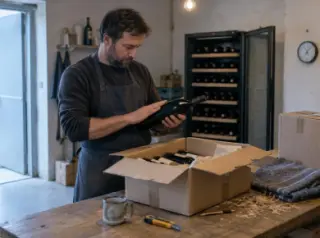 Dans l'arrière-boutique d'un caviste, un homme en tablier sort une bouteille d'un carton de vigneron qui vient d'être livré et l'examine, devant une cave de vieillissement ouverte