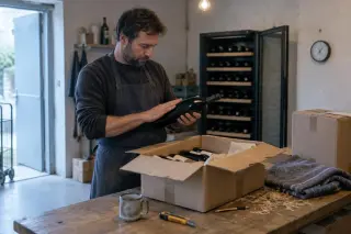 Dans l'arrière-boutique d'un caviste, un homme en tablier sort une bouteille d'un carton de vigneron qui vient d'être livré et l'examine, devant une cave de vieillissement ouverte
