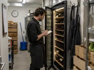 Dans l'arrière-salle d'un restaurant, un sommelier compte les bouteilles d'une grande cave professionnelle, carnet à la main