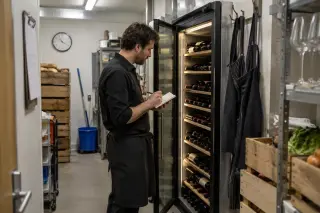 Dans l'arrière-salle d'un restaurant, un sommelier compte les bouteilles d'une grande cave professionnelle, carnet à la main
