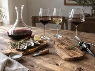 Nature morte : carafe, couteau à huîtres, planches, verres à pied et tire-bouchon à levier posés sur une table en bois brut