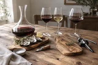 Nature morte : carafe, couteau à huîtres, planches, verres à pied et tire-bouchon à levier posés sur une table en bois brut