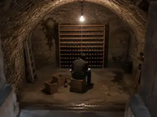 Un homme assis sur une caisse en bois regarde son casier à bouteilles à moitié vide dans une cave voûtée, ampoule nue