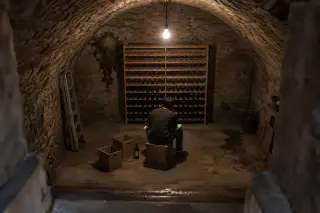 Un homme assis sur une caisse en bois regarde son casier à bouteilles à moitié vide dans une cave voûtée, ampoule nue