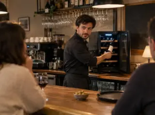 Un barman sort une bouteille d'une mini cave à vin posée sur le comptoir d'un petit restaurant le soir, clients flous