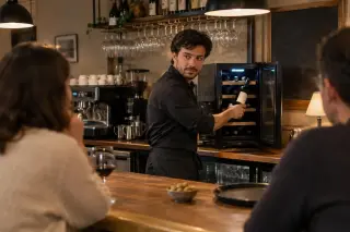 Un barman sort une bouteille d'une mini cave à vin posée sur le comptoir d'un petit restaurant le soir, clients flous