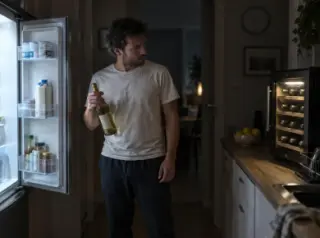 Un homme hésite le soir entre la porte ouverte de son frigo et une petite cave à vin, une bouteille de blanc à la main