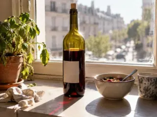 Nature morte : une bouteille entamée et bouchée sur un rebord de fenêtre en plein soleil du matin, à côté d'un bol de petit-déjeuner