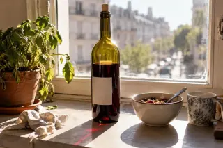 Nature morte : une bouteille entamée et bouchée sur un rebord de fenêtre en plein soleil du matin, à côté d'un bol de petit-déjeuner