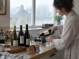 Une femme couche une bouteille dans un porte-bouteille sur un plan de travail où d'autres sont debout près d'un plateau