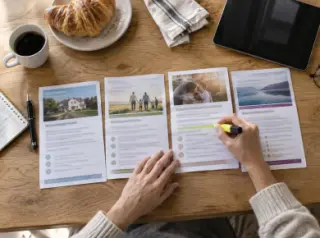 Vue de dessus d'une femme qui surligne des brochures d'assurance étalées sur une table de cuisine, tablette éteinte, café
