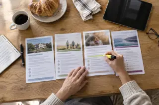 Vue de dessus d'une femme qui surligne des brochures d'assurance étalées sur une table de cuisine, tablette éteinte, café