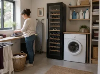 Dans une buanderie, une cave à vin colonne entre la machine à laver et l'étagère à lessive, une femme plie du linge