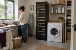 Dans une buanderie, une cave à vin colonne entre la machine à laver et l'étagère à lessive, une femme plie du linge