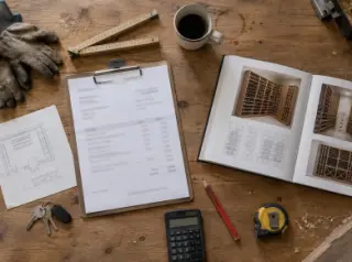 Vue de dessus d'une table d'atelier : devis, mètre pliant, catalogue de casiers, calculatrice, crayon et tasse