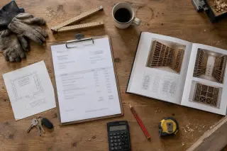 Vue de dessus d'une table d'atelier : devis, mètre pliant, catalogue de casiers, calculatrice, crayon et tasse
