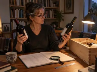 Une femme compare deux bouteilles devant un cahier de cave ouvert et une caisse en bois, lampe de bureau