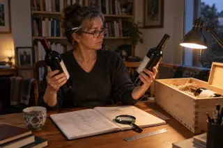 Une femme compare deux bouteilles devant un cahier de cave ouvert et une caisse en bois, lampe de bureau