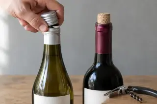 Gros plan sur une main qui dévisse une capsule à vis à côté d'une bouteille bouchée au liège, sur fond neutre