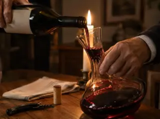 Gros plan sur les mains d'un homme âgé qui verse un vieux vin dans une carafe devant une bougie, le dépôt visible dans le col
