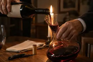 Gros plan sur les mains d'un homme âgé qui verse un vieux vin dans une carafe devant une bougie, le dépôt visible dans le col