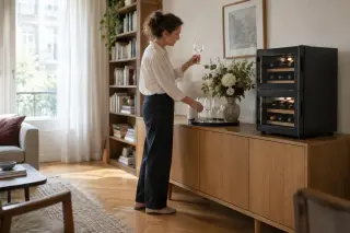 Une femme range des verres sur un meuble bas à côté d'une cave à vin à deux zones posée dessus, salon au parquet
