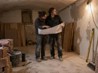 Un couple lit un plan à la lumière d'une baladeuse dans une cave en chantier, sacs d'enduit et casiers en kit