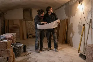 Un couple lit un plan à la lumière d'une baladeuse dans une cave en chantier, sacs d'enduit et casiers en kit