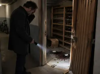Un homme se tient la tête devant la porte forcée de sa cave d'immeuble, casier vidé, bouteilles cassées au sol