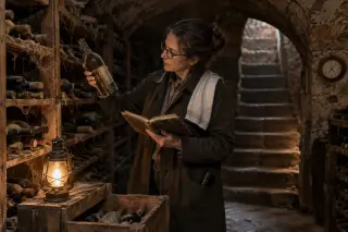 Dans une cave voûtée, une femme dresse l'inventaire d'une cave héritée, cahier ancien à la main, bouteilles poussiéreuses, lampe