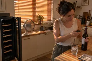 Une femme mesure à la sonde la température d'une bouteille sortie d'une cave à vin en panne pendant une canicule