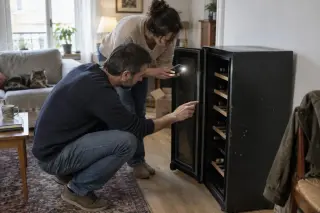 Chez un particulier, un couple inspecte une cave à vin d'occasion : il regarde le joint de porte, elle éclaire l'intérieur au téléphone