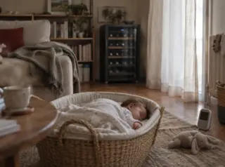 Un bébé dort dans un couffin dans un salon calme, une cave à vin silencieuse à quelques mètres
