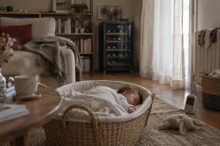 Un bébé dort dans un couffin dans un salon calme, une cave à vin silencieuse à quelques mètres