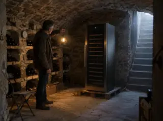 Dans une vraie cave voûtée en pierre, un homme compare à la lampe une grande cave à vin électrique aux casiers de pierre