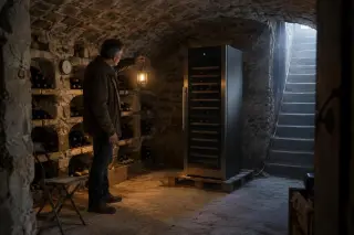 Dans une vraie cave voûtée en pierre, un homme compare à la lampe une grande cave à vin électrique aux casiers de pierre
