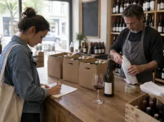Chez un caviste, une jeune femme coche une liste papier tandis qu'il emballe une bouteille, cartons de six sur le comptoir
