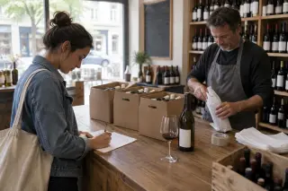 Chez un caviste, une jeune femme coche une liste papier tandis qu'il emballe une bouteille, cartons de six sur le comptoir