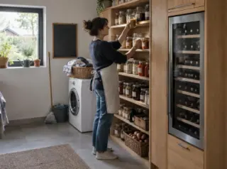 Dans un cellier avec conserves et machine à laver, une femme trie des bocaux, une cave à vin encastrée dans un meuble