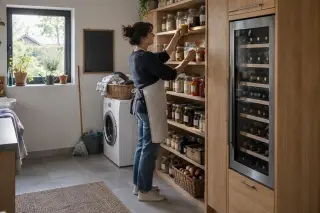 Dans un cellier avec conserves et machine à laver, une femme trie des bocaux, une cave à vin encastrée dans un meuble