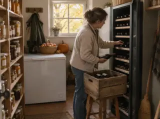 Dans le cellier d'un pavillon en automne, une femme range des bouteilles dans une grande cave à vin entre des étagères de bocaux